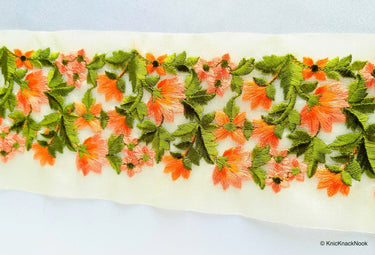 Gold Sheer Tissue Fabric Trim With Embroidered Turquoise / Red / Dark Blue / Pink / Blue / Orange & Green Flowers,